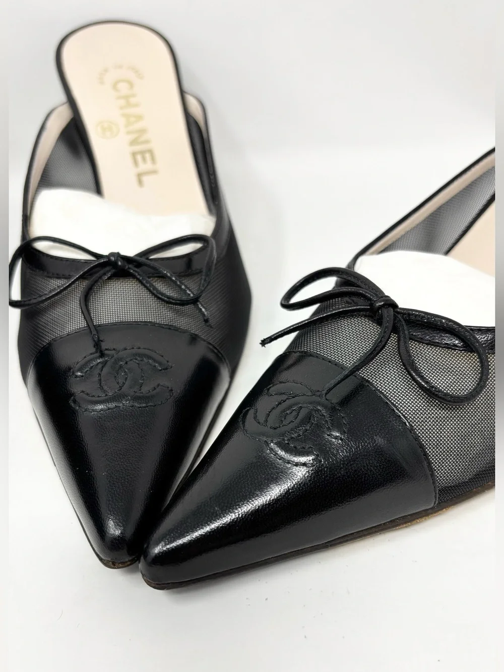 Chanel Black Mesh CC Bow Mules Heels Size 37 US 7 Vintage Y2K 90s